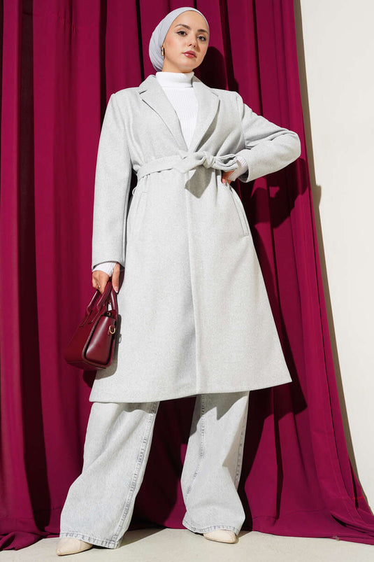 معطف كشمير مزدوج الصدر وجيوب بلون رمادي مائل للبني