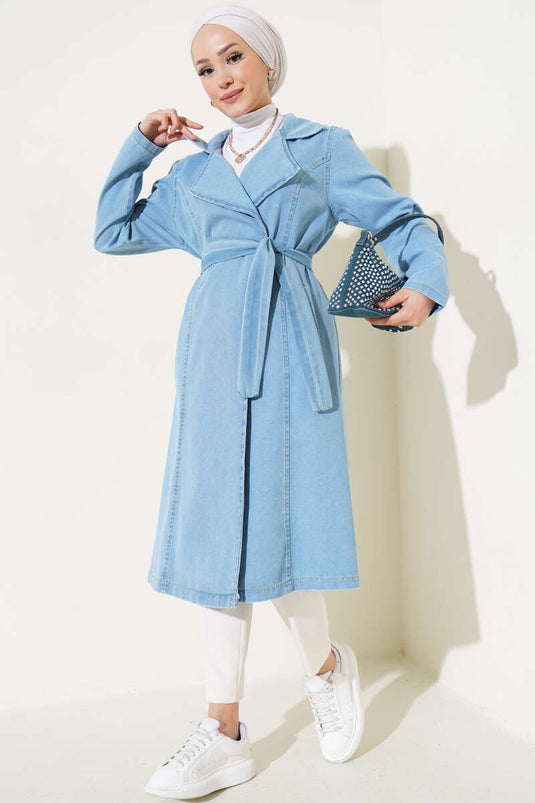 Trench-Coat En Denim Avec Poche À Col Double Boutonnage Bleu Glace