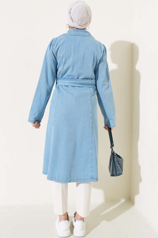 Double-Breasted Pocket Denim Trench Coat Ice Blue