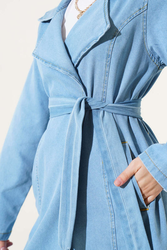 Trench-Coat En Denim Avec Poche À Col Double Boutonnage Bleu Glace