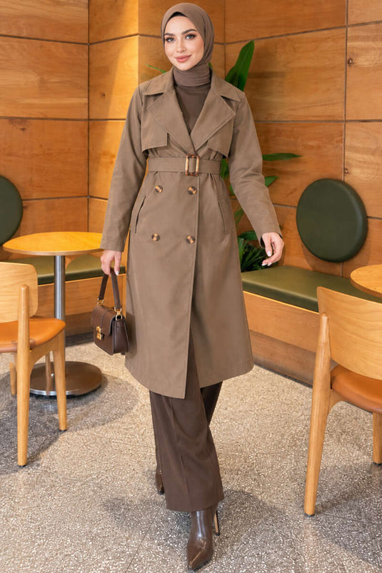 Trench-Coat À Col Croisé Avec Poches Et Ceinture Kaki