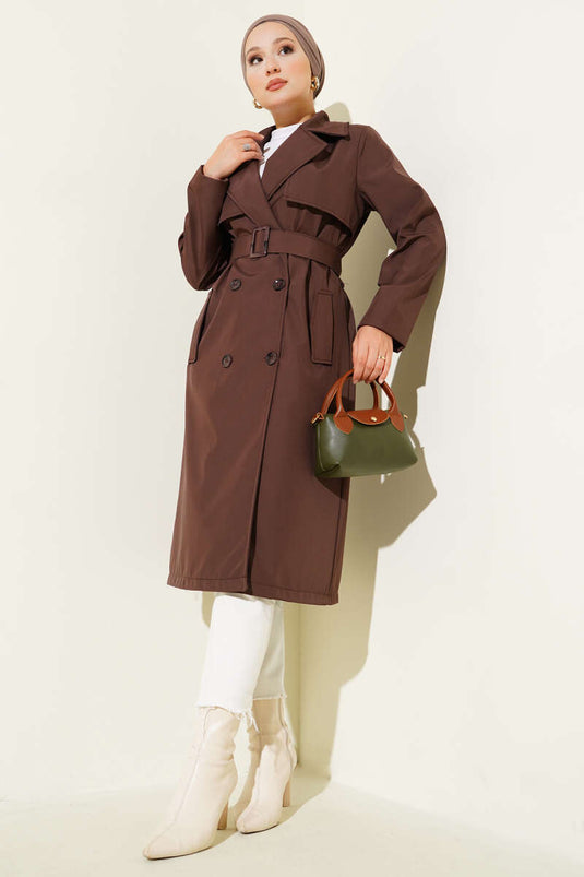 Trench-Coat À Col Croisé Avec Poches Et Ceinture En Café