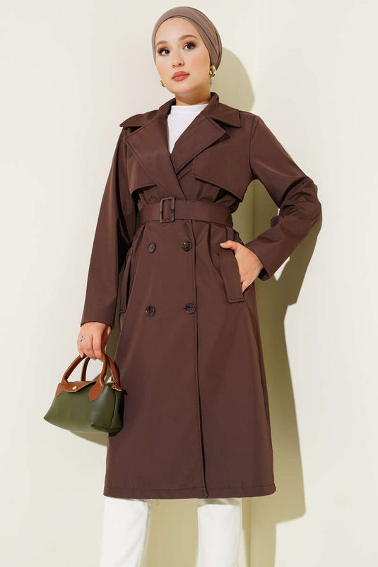 Trench-Coat À Col Croisé Avec Poches Et Ceinture En Café