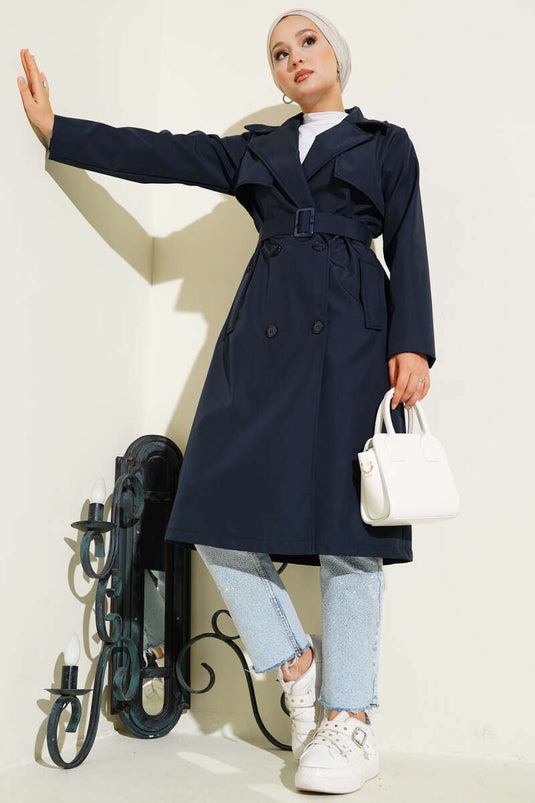 Navy Trenchcoat Mit Umschlagkragen, Taschen Und Gürtel