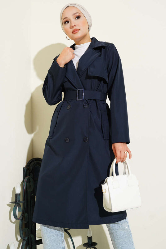 Navy Trenchcoat Mit Umschlagkragen, Taschen Und Gürtel