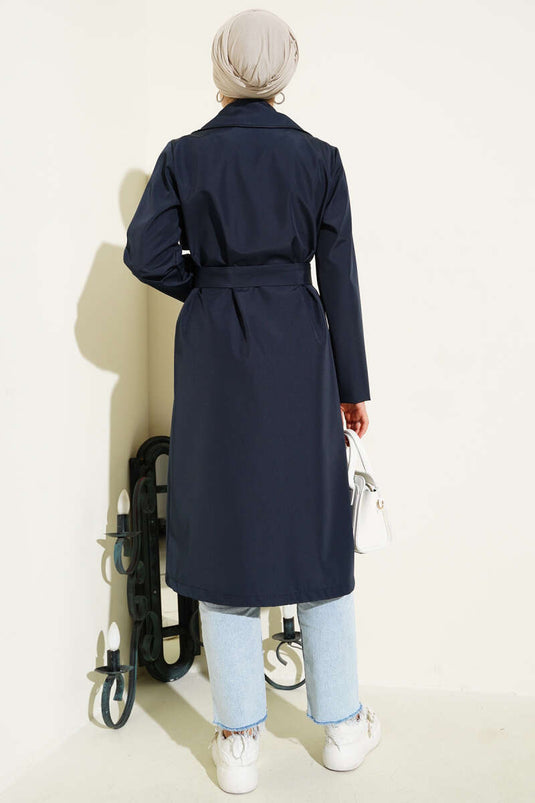 Navy Trenchcoat Mit Umschlagkragen, Taschen Und Gürtel