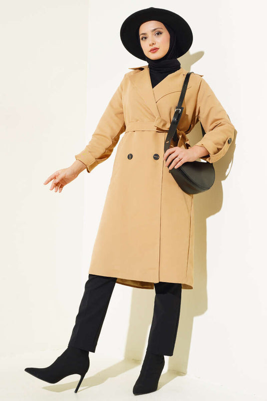 Zweireihiger Trenchcoat mit Kragen und Taschen, Kamel