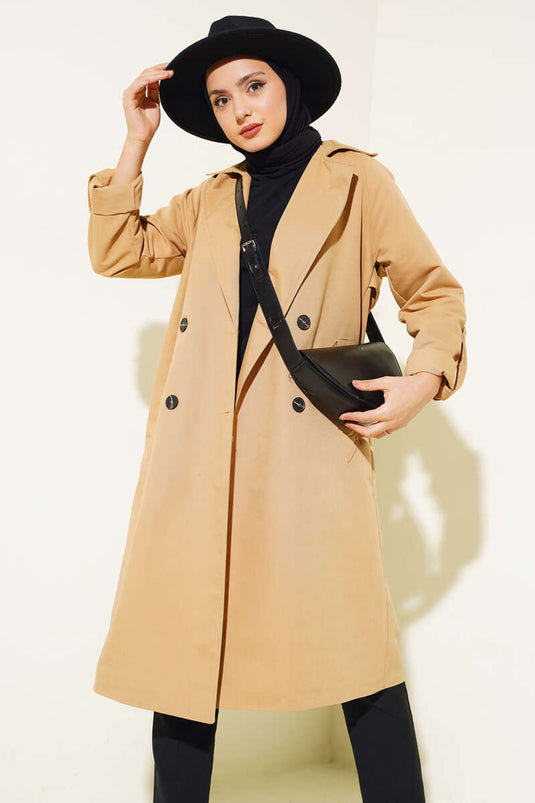 Zweireihiger Trenchcoat mit Kragen und Taschen, Kamel