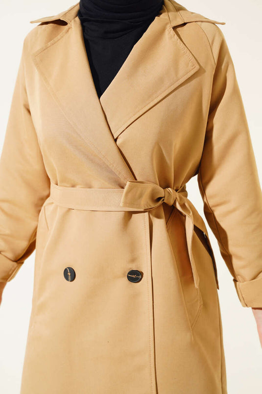 Zweireihiger Trenchcoat mit Kragen und Taschen, Kamel