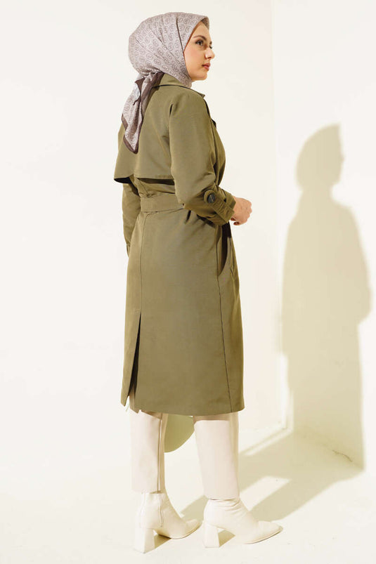 Zweireihiger Trenchcoat mit Kragen und Tasche in Khaki