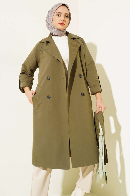 Zweireihiger Trenchcoat mit Kragen und Tasche in Khaki