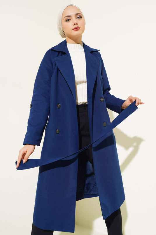 Navy Blue Double-Breasted Pocket Trench Coat