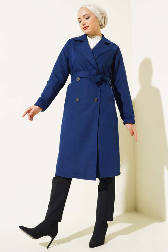 Navy Blue Double-Breasted Pocket Trench Coat