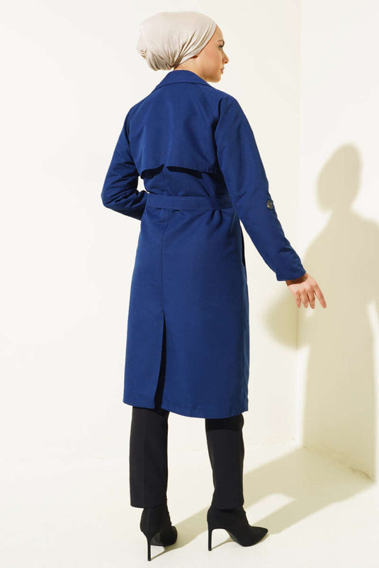 Navy Blue Double-Breasted Pocket Trench Coat