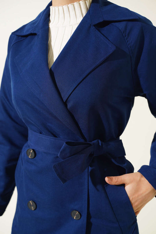 Navy Blue Double-Breasted Pocket Trench Coat