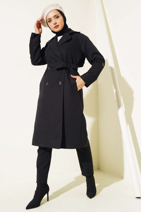 Zweireihiger Trenchcoat mit Kragen und Taschen, Schwarz