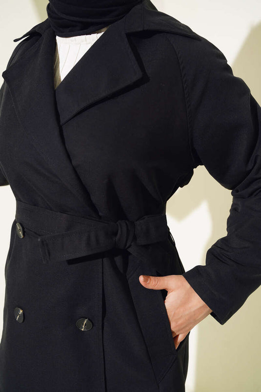 Double-Breasted Pocket Trench Coat Black