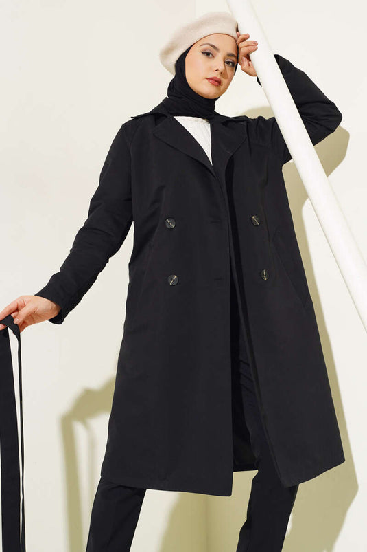 Zweireihiger Trenchcoat mit Kragen und Taschen, Schwarz