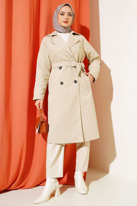 Zweireihiger Trenchcoat mit Kragen und Taschen, Stone