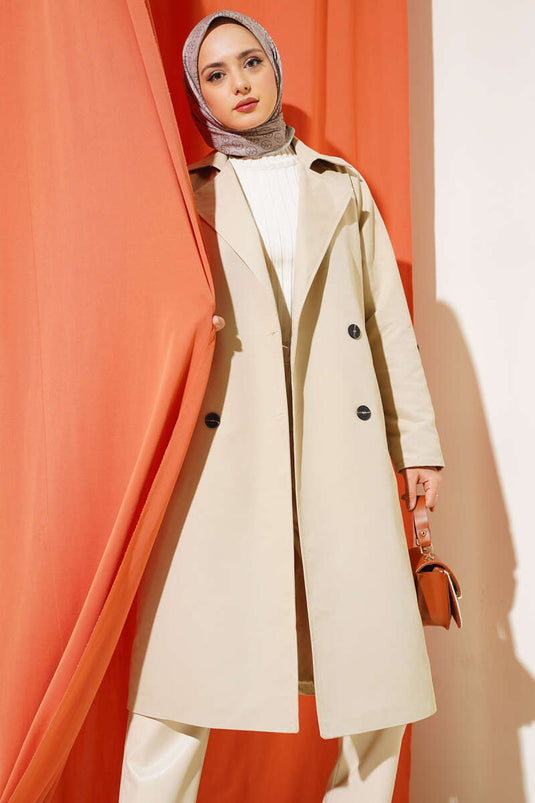 Zweireihiger Trenchcoat mit Kragen und Taschen, Stone