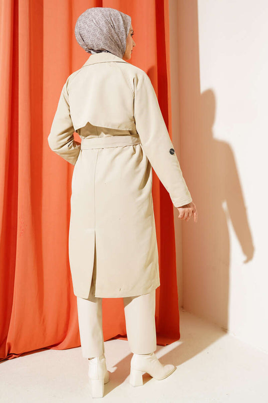 Zweireihiger Trenchcoat mit Kragen und Taschen, Stone