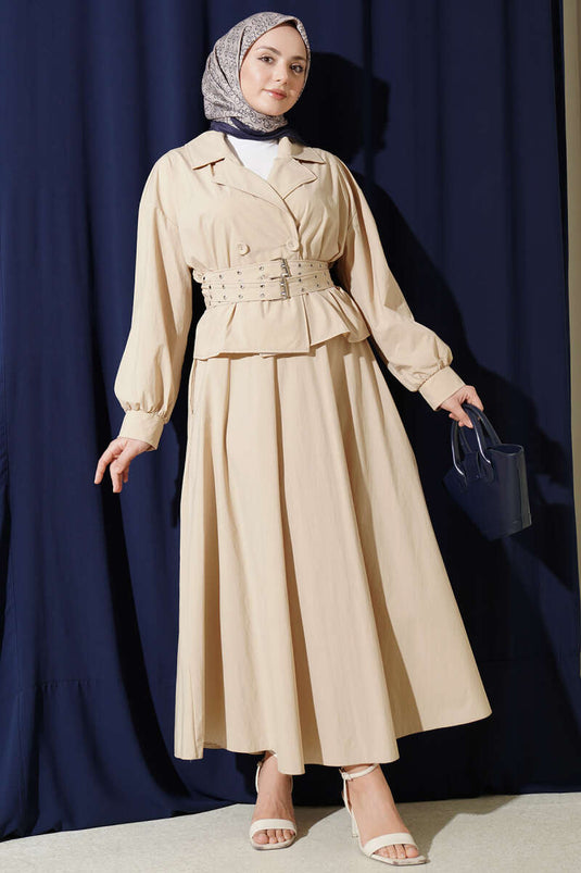 Ensemble jupe à double ceinture et col croisé beige