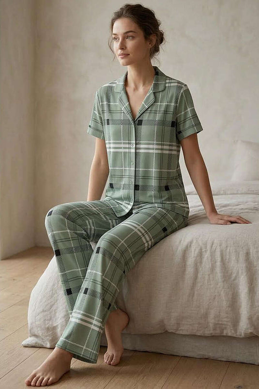 Ensemble pyjama rayé à col croisé vert avocat