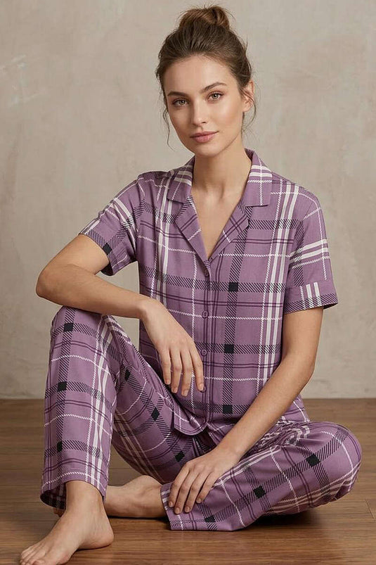 Ensemble pyjama rayé à col croisé lilas