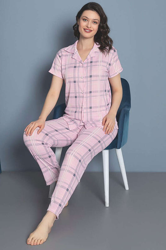 Completo Pigiama a Righe con Collo a Incrocio Rosa