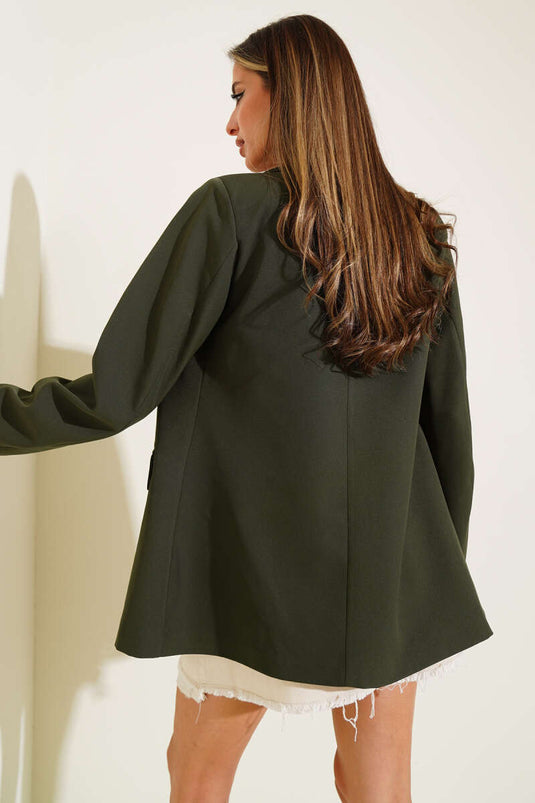 جاكيت بليزر مزدوج الصدر بأربعة أزرار، لون كاكي