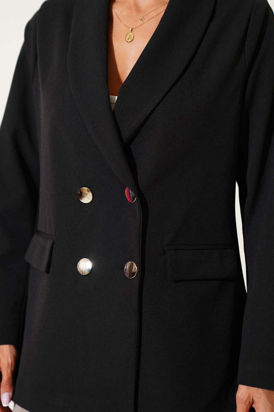 Schwarzer, zweireihiger Blazer mit vier Knöpfen