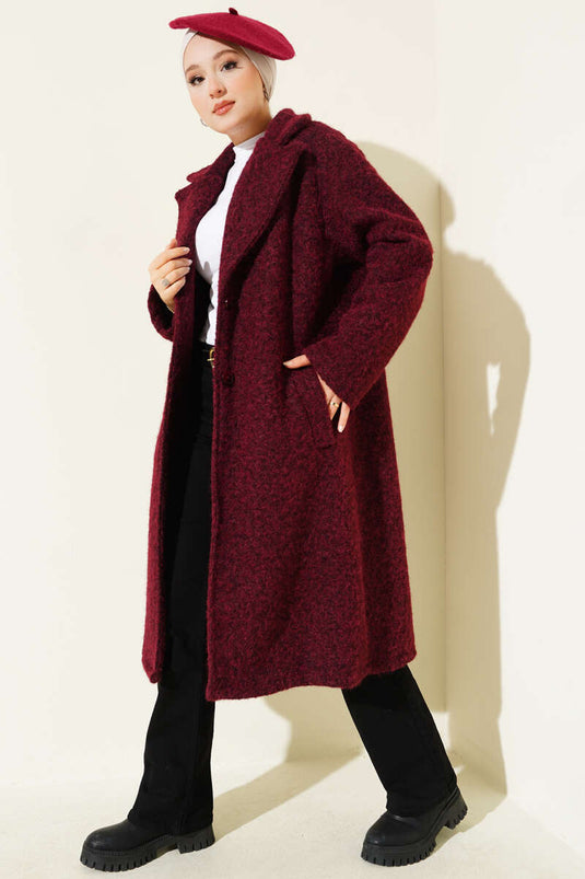 Burgundy Double-Breasted Kaşe Coat with Button Details