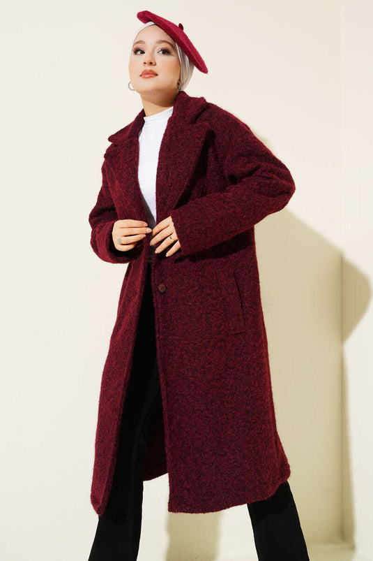 Burgundy Double-Breasted Kaşe Coat with Button Details