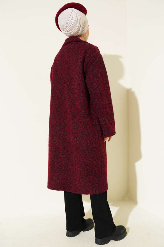 Burgundy Double-Breasted Kaşe Coat with Button Details
