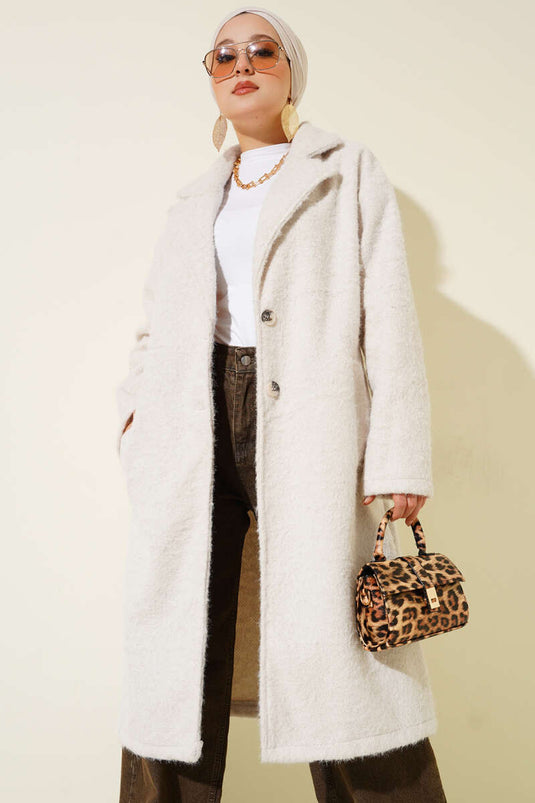 معطف كشمير مزدوج الصدر بأزرار باللون الحجري