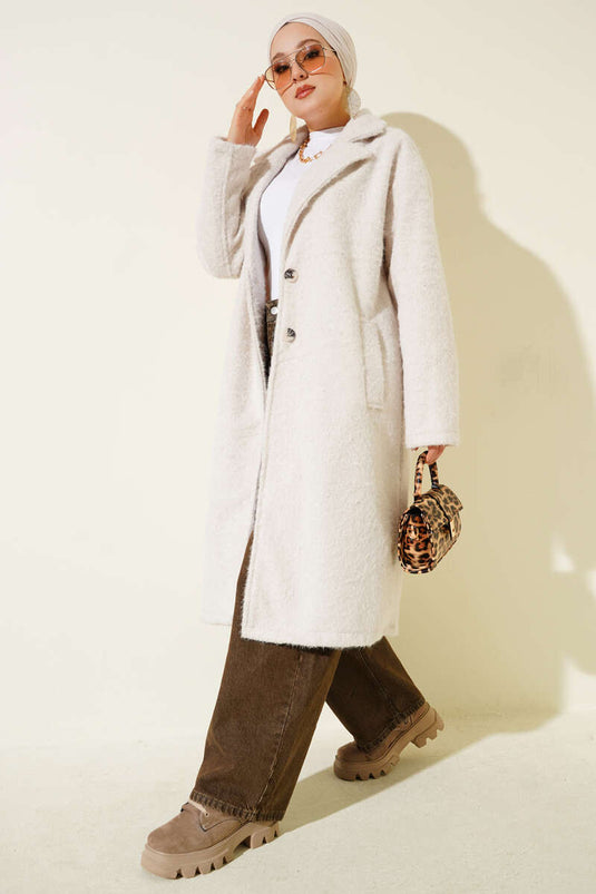 معطف كشمير مزدوج الصدر بأزرار باللون الحجري