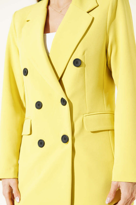 Kruvaze Yaka Düğmeli Astarlı Blazer Ceket Sarı