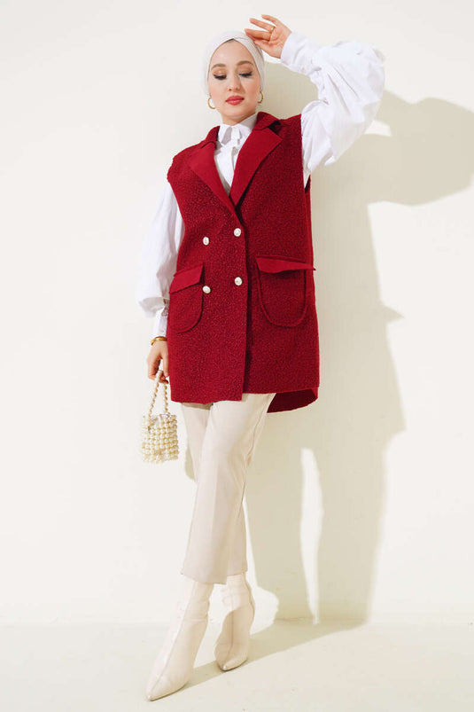 Gilet Boucle Boutonné Col Double Boutonnage Rouge Claret