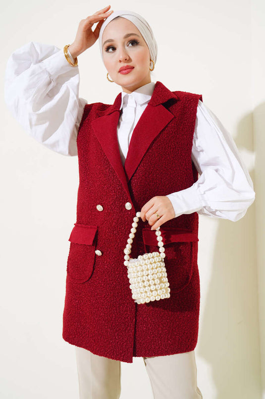 Gilet Boucle Boutonné Col Double Boutonnage Rouge Claret