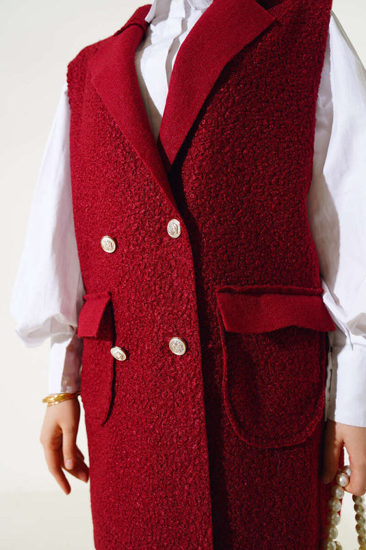 Gilet Boucle Boutonné Col Double Boutonnage Rouge Claret