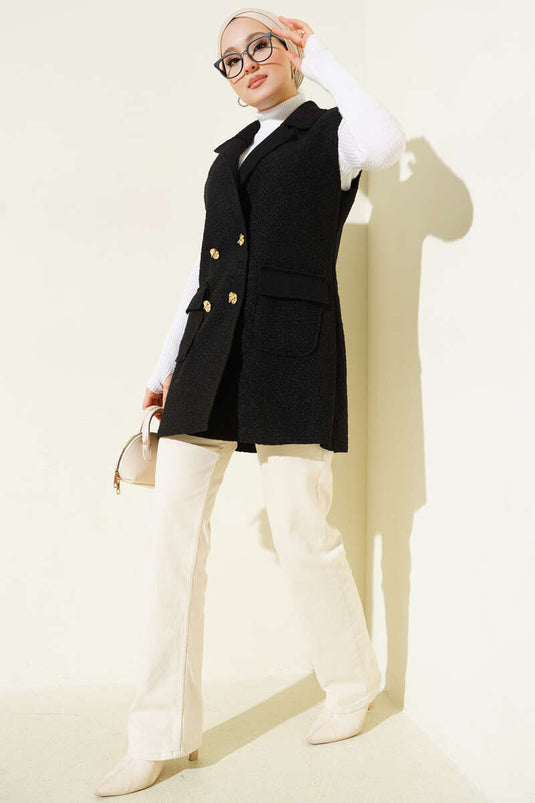 Schwarz, doppelreihige, geknöpfte Weste mit Kragen.