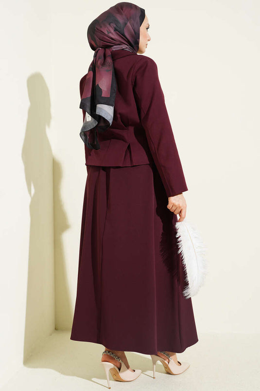 Double Set with Buttoned Skirt and Wrap Collar in Burgundy