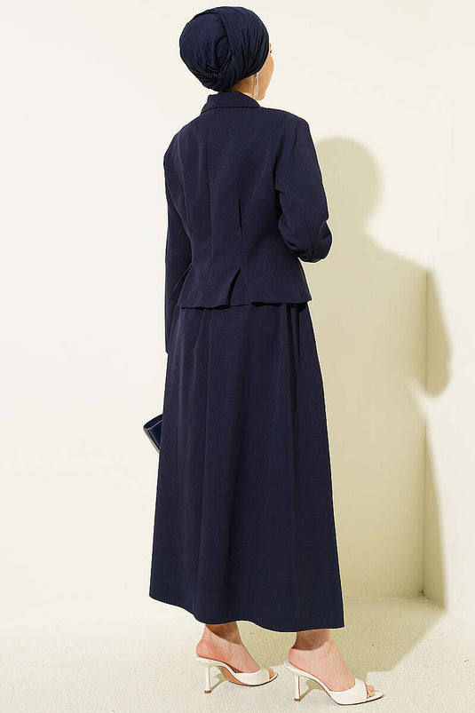 Kruvaze Yaka Düğmeli Etekli İkili Takım Lacivert