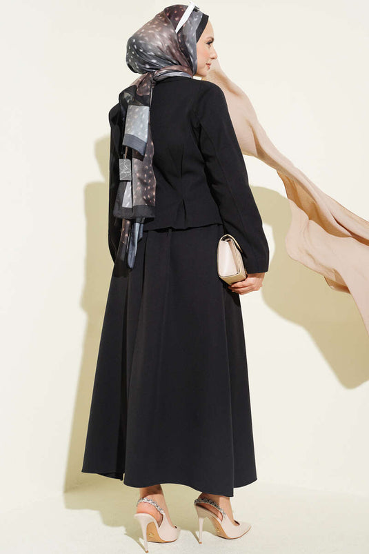 Black Double Set with Wrap Collar, Buttons, and Skirt