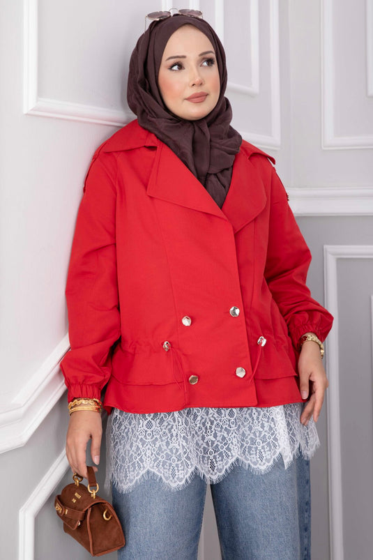 Roter Kurz-Trenchcoat Mit Wickelkragen Und Knöpfen