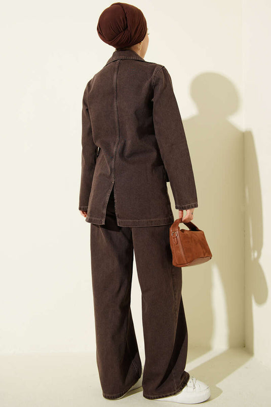 Cross-Over Collar Buttoned Denim Two-Piece Set Brown