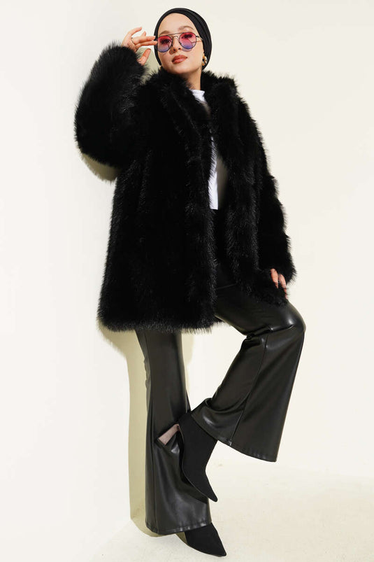 Manteau en fourrure boutonné à double boutonnage noir