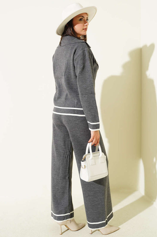 Conjunto de dos piezas de punto con botones y doble botonadura, gris oscuro