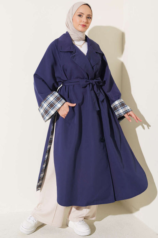 Wickelkragen Karierter Trenchcoat Navy