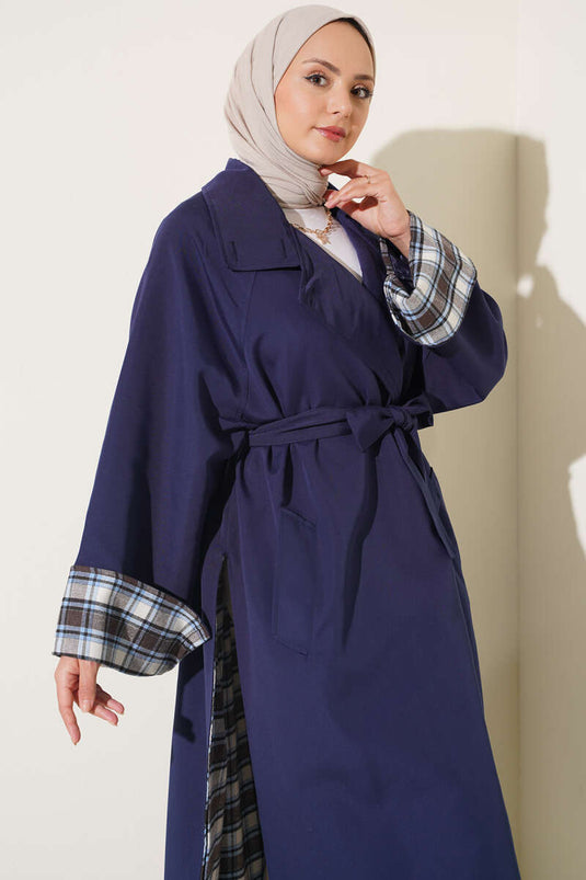 Wickelkragen Karierter Trenchcoat Navy
